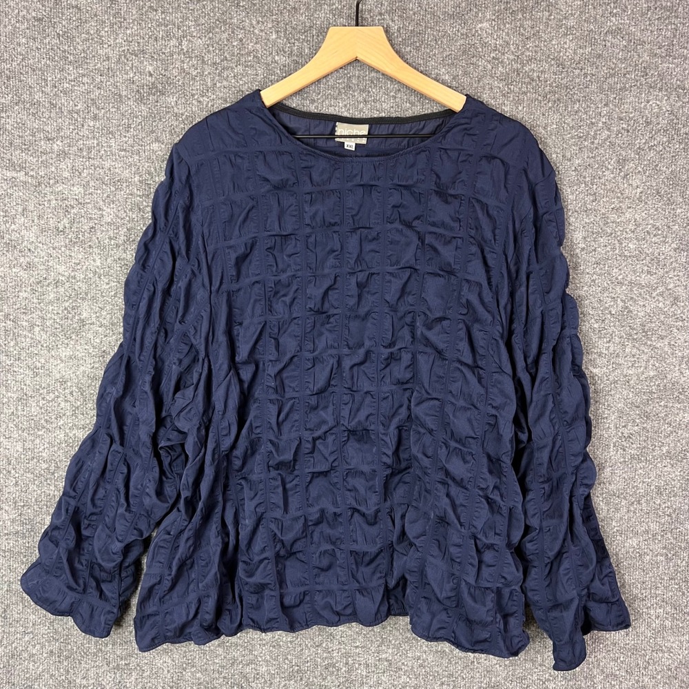 NICHE NILGUN DERMAN top Womens XXL Navy Blue Textured Long Sleeve Blouse